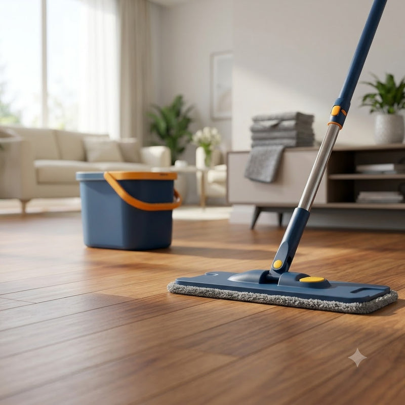 Kit Mop Flat Mãos Livres com Balde Raspador e 9 Refis para Limpeza Seca e Molhada
